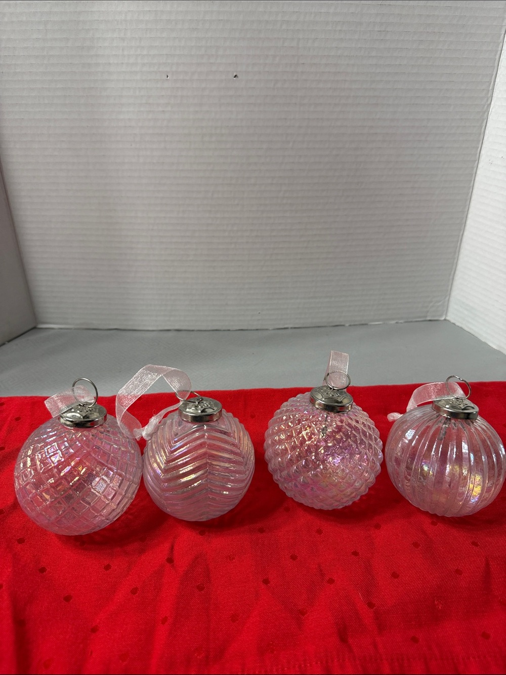 Vintage Iridescent Glass Holiday Ornaments Set of 4 Mixed Geometric Textures